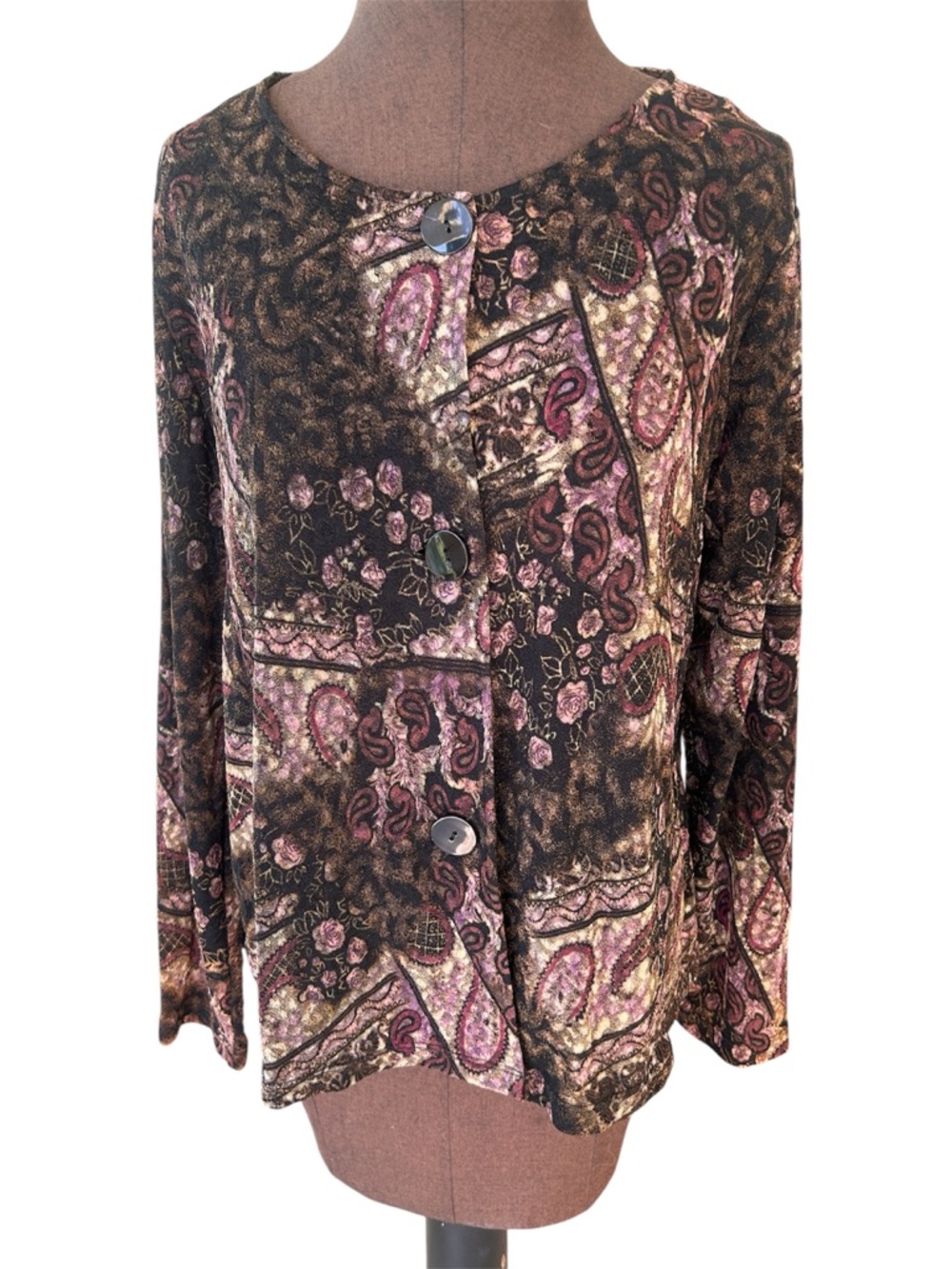 Choices Paisley & Floral Button-Front Blouse in Pink and Black